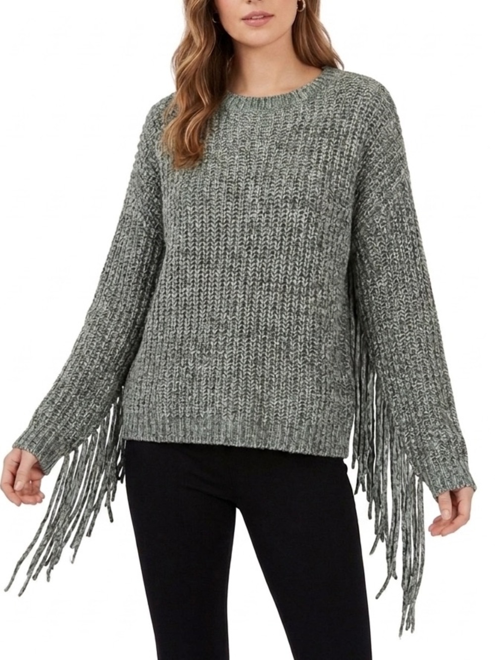 BiBi Sage Green Chenille Fringe Sweater